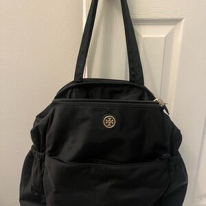 Tory Burch Black Nylon Diaper Bag with Gold Logo Emblem